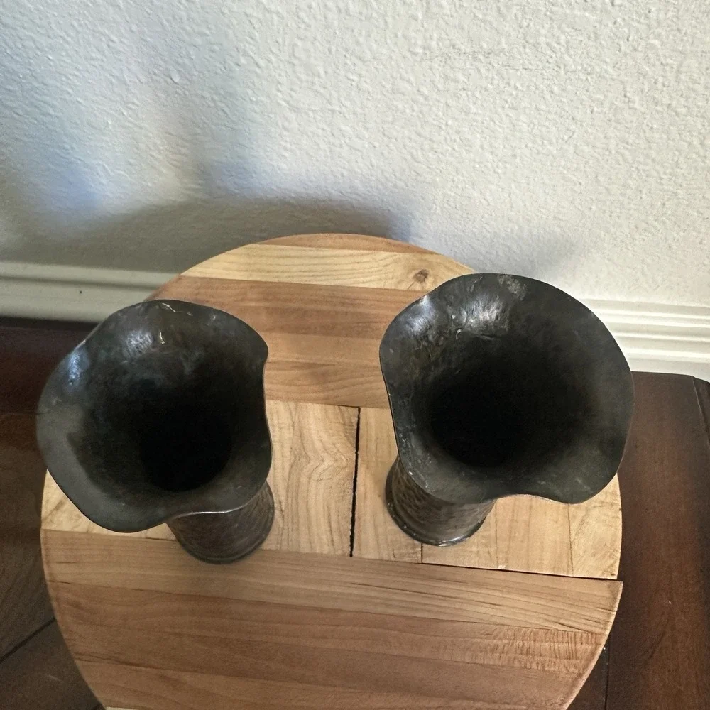 Pair WW1 1916 French Trench Art Vases 5.5 Inch Artillery Shell Brass‎ Dimpled